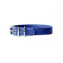 A handcrafted, bespoke BRIGHT BLUE leather dog collar in a classic cut, made to order with finest quality Italian Calf Leather, to fit all breeds and sizes of dog, on a white background. Handcrafted by Petiquette Collars in England for a quality dog collar that is made to last. 