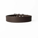 A handcrafted, bespoke DARK BROWN leather dog collar in a classic cut, made to order with finest quality Italian Calf Leather, to fit all breeds and sizes of dog, on a white background.