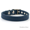 A Classic style dog collar made from calf leather shown in the colour Madeira Blue on a white backdrop. Handmade to order. 