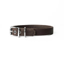 A handcrafted, bespoke DARK BROWN leather dog collar in a classic cut, made to order with finest quality Italian Calf Leather, to fit all breeds and sizes of dog, on a white background.