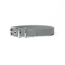 A handcrafted, bespoke PALE GREY leather dog collar in a classic cut, made to order with finest quality Italian Calf Leather, to fit all breeds and sizes of dog, on a white background.