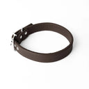 A handcrafted, bespoke DARK BROWN leather dog collar in a classic cut, made to order with finest quality Italian Calf Leather, to fit all breeds and sizes of dog, on a white background.