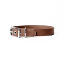 A handcrafted, bespoke brown leather dog collar in a classic cut, made to order with finest quality Italian Calf Leather, to fit all breeds and sizes of dog, on a white background.