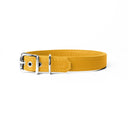 A handcrafted, bespoke yellow leather dog collar in a classic cut, made to order with finest quality Italian Calf Leather, to fit all breeds and sizes of dog, on a white background.
