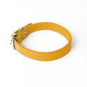 A handcrafted, bespoke yellow leather dog collar in a classic cut, made to order with finest quality Italian Calf Leather, to fit all breeds and sizes of dog, on a white background.
