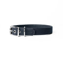 A close-up of a bespoke dark blue  leather dog collar with visible stitching, made with fine Italian Calf leather, labelled 'MADEIRA BLUE' below on a white background.