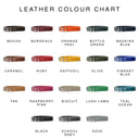 Colour chart for bespoke leather dog collars ina classic cut, showing classic dog collars in 18 different leather colours with a colour to suit every dog and every breed.