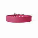 A handcrafted, bespoke RASPBERRY PINK dog collar in a classic cut, made to order with finest quality Italian Calf Leather, to fit all breeds and sizes of dog, on a white background. Handcrafted by Petiquette Collars in England for a quality dog collar that is made to last. 