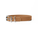 A handcrafted, bespoke TAN leather dog collar in a classic cut, made to order with finest quality Italian Calf Leather, to fit all breeds and sizes of dog, on a white background. Handcrafted by Petiquette Collars in England for a quality dog collar that is made to last. 