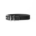 A handcrafted, bespoke black leather dog collar in a classic cut, made to order with finest quality Italian Calf Leather, to fit all breeds and sizes of dog, on a white background.
