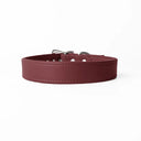 A handcrafted, bespoke burgundy leather dog collar in a classic cut, made to order with finest quality Italian Calf Leather, to fit all breeds and sizes of dog, on a white background.