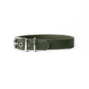 A handcrafted, bespoke olve green leather dog collar in a classic cut, made to order with finest quality Italian Calf Leather, to fit all breeds and sizes of dog, on a white background.