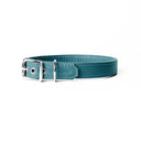 A handcrafted, bespoke TEAL leather dog collar in a classic cut, made to order with finest quality Italian Calf Leather, to fit all breeds and sizes of dog, on a white background. Handcrafted by Petiquette Collars in England for a quality dog collar that is made to last. 