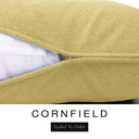 Close-up of a warm golden mustard machine washable dog bed mattress with its removable cover partially unzipped, revealing the deep-filled luxury dog bed mattress inside, above a white banner with the text 'CORNFIELD' and 'Styled To Order'.