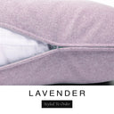 Close-up of a soft dusky pink-lilac machine washable dog bed mattress with its removable cover partially unzipped, revealing the deep-filled luxury dog bed mattress inside, above a white banner with the text 'LAVENDER' and 'Styled To Order'.