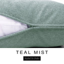 Close-up of a muted sage teal machine washable dog bed mattress with its removable cover partially unzipped, revealing the deep-filled luxury dog bed mattress inside, above a white banner with the text 'TEAL MIST' and 'Styled To Order'.