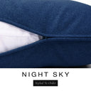 Close-up of a deep navy blue machine washable dog bed mattress with its removable cover partially unzipped, revealing the deep-filled luxury dog bed mattress inside, above a white banner with the text 'NIGHT SKY' and 'Styled To Order'.