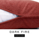 Close-up of a deep rust red machine washable dog bed mattress with its removable cover partially unzipped, revealing the deep-filled luxury dog bed mattress inside, above a white banner with the text 'DARK FIRE' and 'Styled To Order'.
