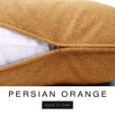 Close-up of a warm amber orange machine washable dog bed mattress with its removable cover partially unzipped, revealing the deep-filled luxury dog bed mattress inside, above a white banner with the text 'PERSIAN ORANGE' and 'Styled To Order'.
