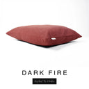 A luxury dog bed mattress in a deep rust red upholstery fabric with 'DARK FIRE' and a black 'Styled To Order' label on a white background; this machine washable dog bed mattress is designed for everyday comfort.