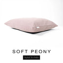 A luxury dog bed mattress in a soft blush pink upholstery fabric with 'SOFT PEONY' and a black 'Styled To Order' label on a white background; this machine washable dog bed mattress is designed for everyday comfort.