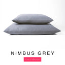 Two luxury machine washable dog bed mattresses in a grey upholstery fabric stacked on top of each other with 'NIMBUS GREY' and a pink 'Core Collection' label on a white background. 