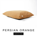 A luxury dog bed mattress in a warm amber orange upholstery fabric with 'PERSIAN ORANGE' and a black 'Styled To Order' label on a white background; this machine washable dog bed mattress is designed for everyday comfort.