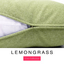 Close-up of a soft sage green machine washable dog bed mattress with its removable cover partially unzipped, revealing the deep-filled luxury dog bed mattress inside, above a white banner with the text 'LEMONGRASS' and 'Core Collection'.