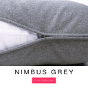 Close-up of a cool blue-grey machine washable dog bed mattress with its removable cover partially unzipped, revealing the deep-filled luxury dog bed mattress inside, above a white banner with the text 'NIMBUS GREY' and 'Core Collection'.