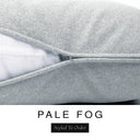 Close-up of a soft pale grey machine washable dog bed mattress with its removable cover partially unzipped, revealing the deep-filled luxury dog bed mattress inside, above a white banner with the text 'PALE FOG' and 'Styled To Order'.
