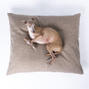 A dog lying on a rectangular luxury dog bed mattress in a beige woven upholstery fabric on a white backdrop seen from above.