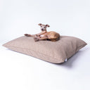 A dog lying on a luxury dog bed mattress in a beige woven upholstery fabric on a white backdrop.