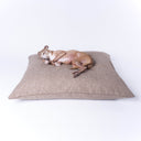 A dog sleeping content on a luxury dog bed mattress in a beige woven upholstery fabric on a white backdrop.