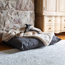 Two dogs calm and content lying on a luxury dog bed mattress and fawn colour faux-fur dog blanket in a home setting with a grey ru and stone walls.