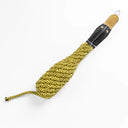 A tough eco-friendly dog toy in the shape of a duck woven with yellow and black jute rope with a dark green suede head.with a small loop at the end, shown on a plain white background.