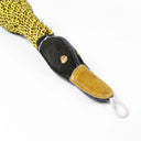 Close up of the head of an eco-friendly dog toy made in the shape of a ducks head using dark green and yellow 
