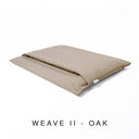 Luxury dog burrow bag, a snuggle sack style dog bed, in a woven beige upholstery fabric, labelled with "Weave II - Oak" text on a white background.