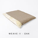 Luxury snuggle sack style dog burrow bag by designers Charley Chau in a beige woven heavy-duty upholstery fabric with a cream plush lining on a white background with text "Weave II - Oak".