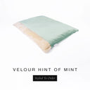 A luxurious Dog Burrow Bag, a sleeping bag style dog bed or snuggle sack style dog bed, with an outer cover in pale mint green upholstery-quality Velour with a plush, cream faux-fur lining, and a badge with the colour name Hint of Mint on a white background.