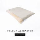 A luxurious Dog Burrow Bag, a sleeping bag style dog bed or snuggle sack style dog bed, with an outer cover in pale beige upholstery-quality Velour with a plush, cream faux-fur lining, and a badge with the colour name Alabaster on a white background.