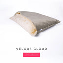 Charley Chau's luxury Dog Snuggle Bed, a cave bed style dog bed or burrow bed, with an outer cover in pale grey upholstery-quality Velour with a plush, cream faux-fur lining, on a white background.