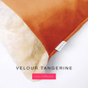 A close up detail of the corner of a Charley Chau Dog Snuggle Bed with bright orange outer cover in upholstery-quality Velour and plush cream faux-fur lining with a woven brand label showing the Charley Chau logo on a white backdrop.