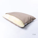 Burrow bed style luxury Dog Snuggle Bed by Charley Chau in a beige woven upholstery fabric with plush cream lining on a white backdrop.