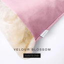 Close up of the corner of a luxury Dog Snuggle Bed, a cave bed style dog bed or sleeping bag style dog bed, with a pink upholstery-quality velour / velvet outer cover and plush cream faux-fur lining, showing a Charley Chau designer brand label on the dog bed, on a white background.