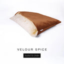 A luxury Dog Snuggle Bed, a cave bed style dog bed or sleeping bag dog bed, in upholstery-quality burnt orange Velour with a cream plush lining on a white backdrop.