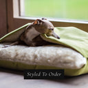 Dog lying cosy inside a sleeping bag style luxury dog bed, the Original Charley Chau Snuggle Bed, with a lime green velvet outer cover and push cream lining in a home setting with windows in the background and on a wooden floor.