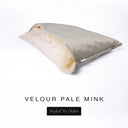 A luxury Dog Snuggle Bed, a cave bed style dog bed or sleeping bag dog bed, in upholstery-quality pale taupe Velour with a cream plush lining on a white backdrop.