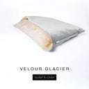 A luxury Dog Snuggle Bed, a cave bed style dog bed or sleeping bag dog bed, in upholstery-quality pale icy grey Velour with a cream plush lining on a white backdrop.