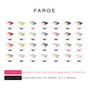 Colour chart grid showing 28 different colours for Faroe, a woven upholstery outer fabric, for Charley Chau's luxury made-to-order Dog Snuggle Bed. 