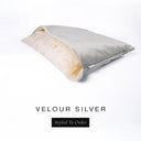 A luxury Dog Snuggle Bed, a cave bed style dog bed or sleeping bag dog bed, in upholstery-quality silver grey Velour with a cream plush lining on a white backdrop.